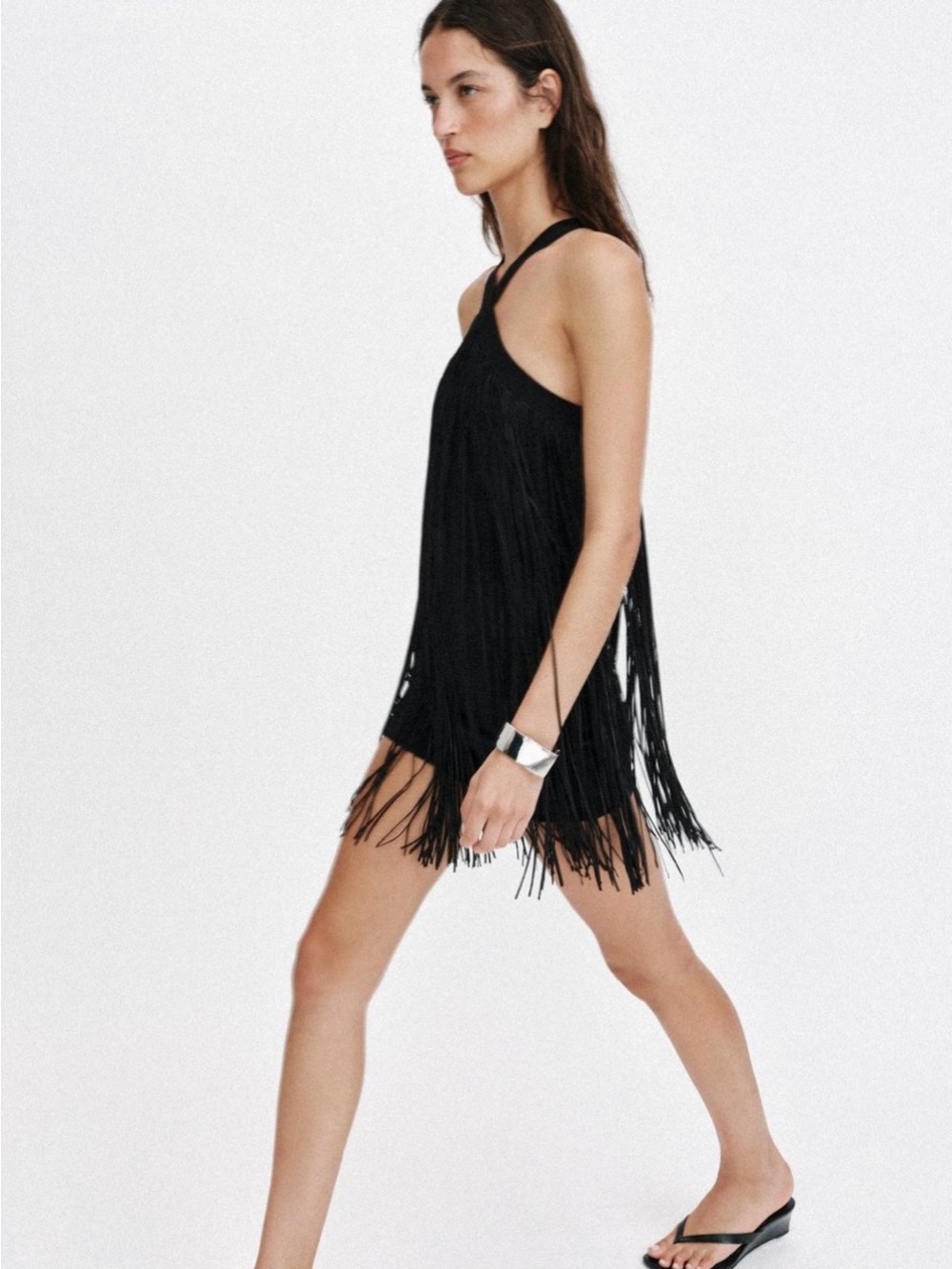 Zara Black Fringe Halter Mini Dress with Crisscross Straps Size Medium NWT - Picture 2 of 10